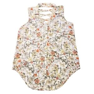 Emaline M Blouse Crisscross Back Button Front Collared Floral White‎ Multi NWOT